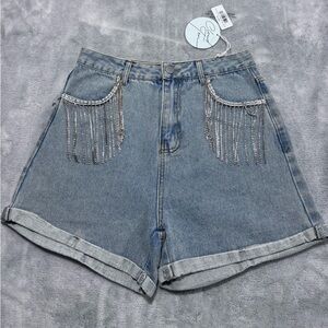 CLOUD TEN S BEING BLING FRINGE‎ SHORTS CUFFED DENIM HI WAIST RHINESTONES SEQUINS